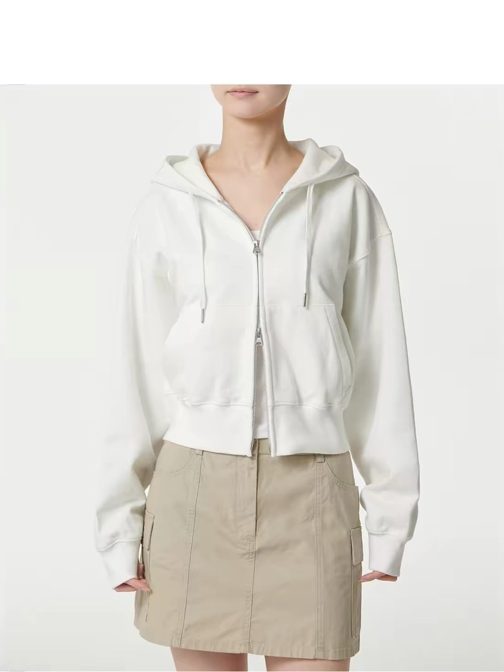 NWT Korean Fashion Women White Zip-Up Hoodie